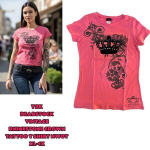 Y2K VTG. DEADSTOCK PINK PRINCESS CROWN RHINESTONE TATTOO TOP NWOT XL-1X #20